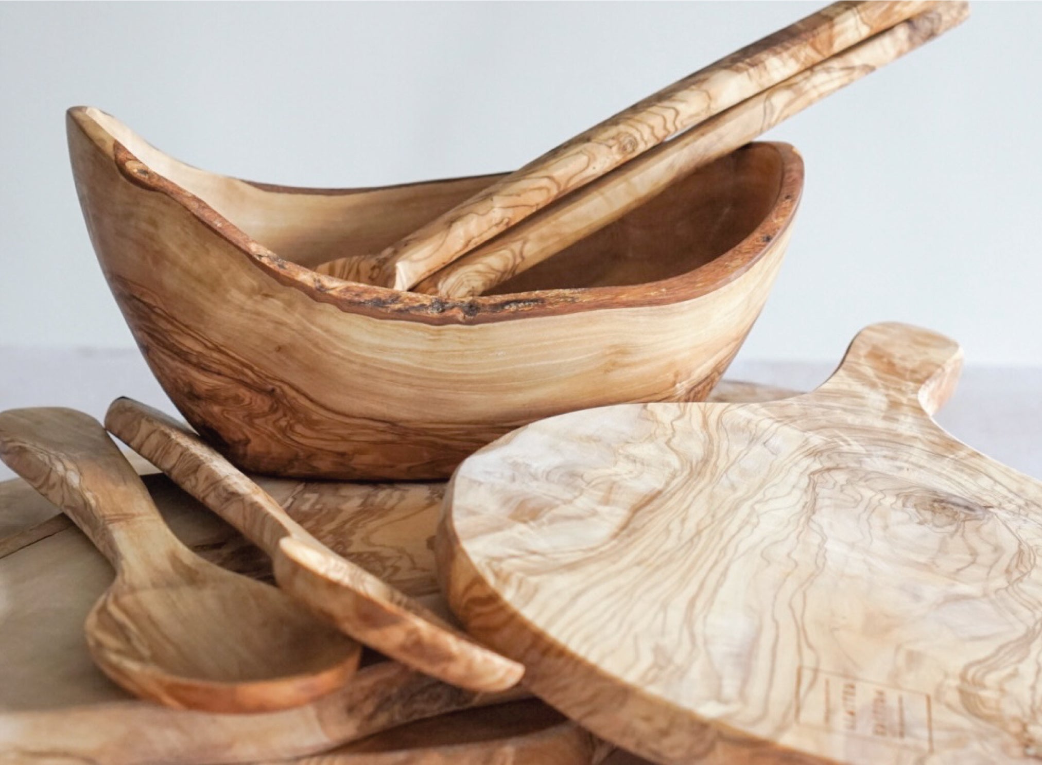 Olive wood serving bowl and serving spoon set handmade in Tunisia with ethically sourced olive wood