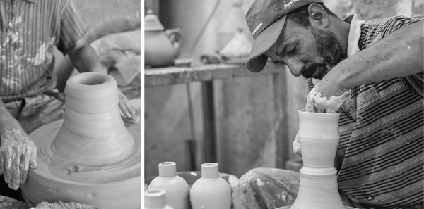 Artisans shaping ceramic goods on a pottery wheel. Morocco collection by Fairkind.