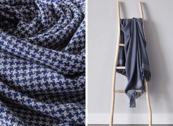 Altura Alpaca Throw Blanket by Fairkind. Navy blue and gray houndstooth checkered pattern with fringe.