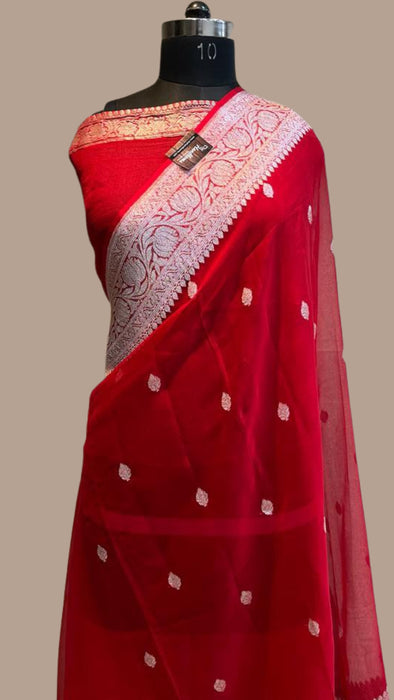 Red Pure Georgette Handloom Banarasi Saree