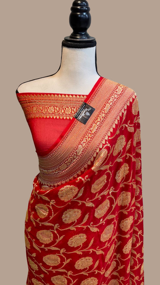 Banarasi Pure Khaddi Georgette Saree With Jaal Zari Weaving-Red –  Banarasikargha