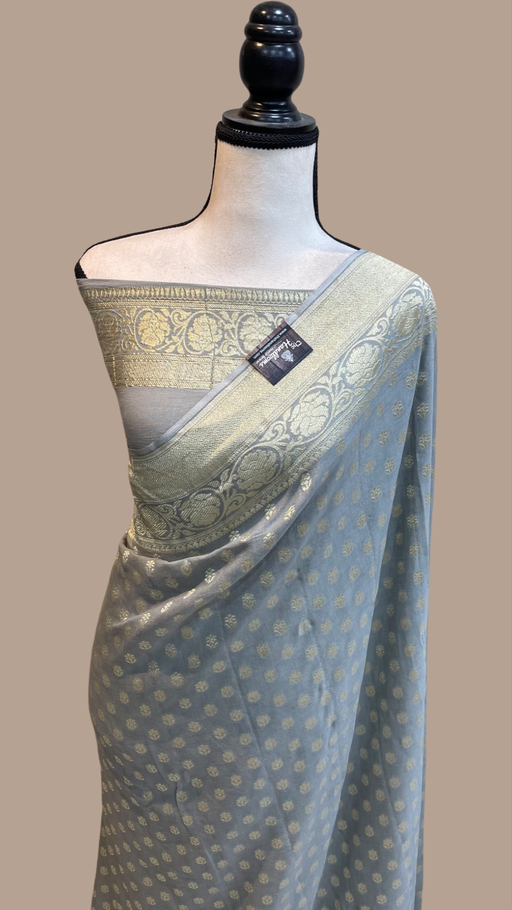 Grey shimmer lycra saree with matching net embroidered blouse only on Kalki