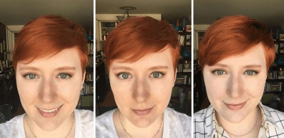 three photos of short red-haired woman before and after