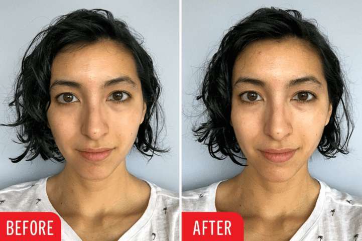 two photos of short black-haired woman before and after