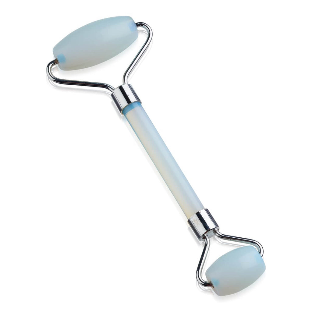 light blue jade roller with silver handles close up view