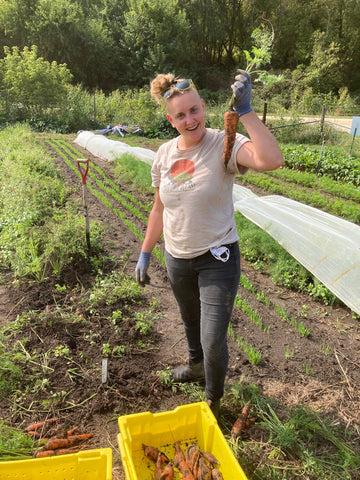 Peggy digging carrots at Turkey River Farm.  