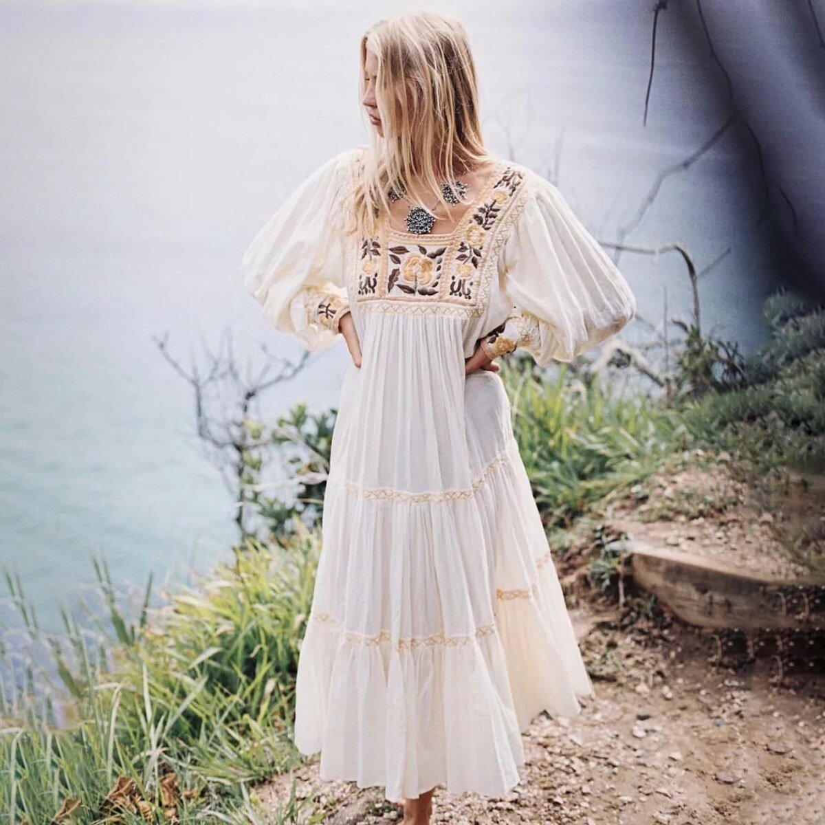 Burlas R cepillo Hippie bohemia largo vestido blanco - Hippies