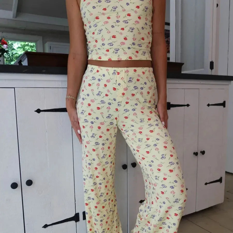 Floral Sleepwear Women Pajamas Korean Style Spaghetti Strap Two Piece Pijama Pants Set for Summer Home Comfort