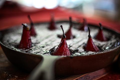 Spiced Red Wine Poached Pears & Chocolate Skillet Cake