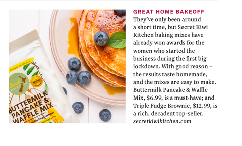 Secret Kiwi Kitchen Pancake Mix as Featured In Kia Ora magazine