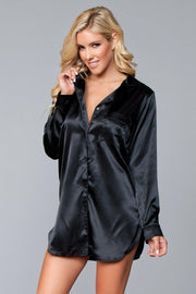 One Piece Black Long-Sleeved Satin Sleepshirt - Spicy and Sexy