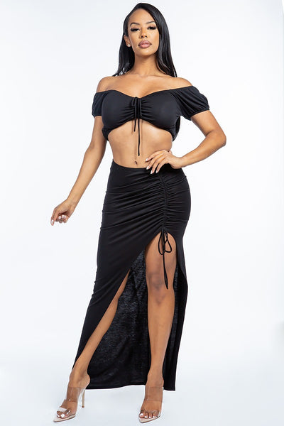 Solid Ruched Front Off The Shoulder Short Sleeve Cropped Top And Side Ruched Asymmetrical Skirt Two Piece Set - Spicy and Sexy