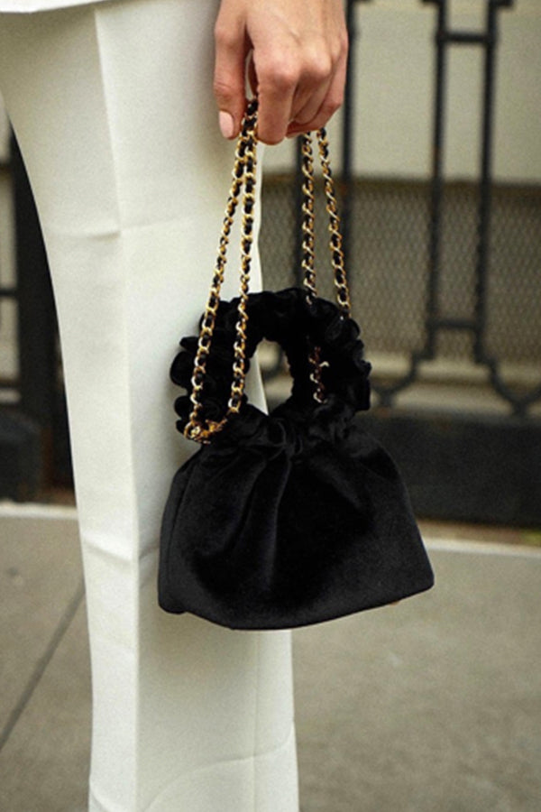 Black Velvet Mini Cloud Bag Bag with Pearl Chain