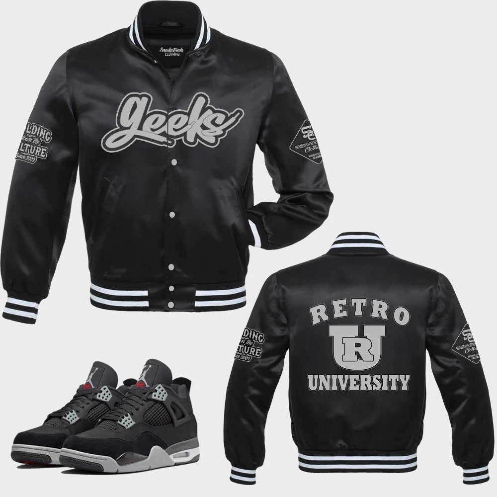 RETRO UNIVERSITY Satin Jacket to match Retro Jordan 4 Black Canvas - In Stock