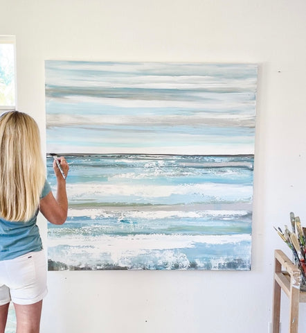 Christine Bell, Artist, in Art Studio Painting Original Large Coastal Abstract Painting, Textured Palette Knife Contemporary Artwork Ocean Seascape Beach Home Decor