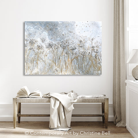 Original Modern Floral Painting Neutral Impressions of Lace, White Wildflowers, Giclee Canvas Print by Artist, Christine Bell