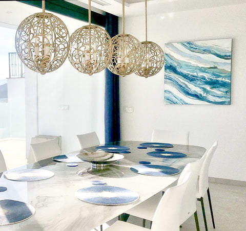 Original Coastal Abstract Painting, "Coastal Melody", by Artist Christine Bell installed in Custom Beach Home interior decor along the coast in Spain.