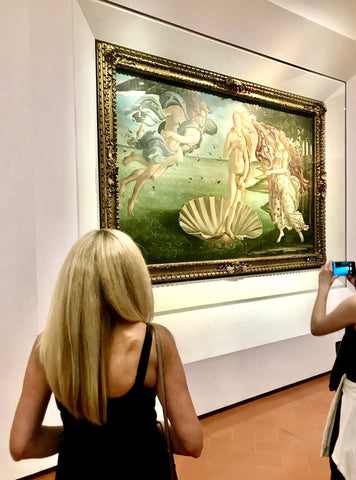 "The Birth of Venus", Sandro Botticelli, 1485 -1486, Uffizi Gallery, Florence, Italy, Artist Christine Bell viewing and gaining art inspiration