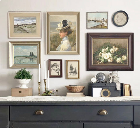 Gallery wall of vintage frames antique frames modern frames wall art impressionism paintings prints Christine Bell