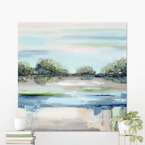 Blue Green Abstract Landscape Painting "Morning Meditation" in minimalist home decor, Modern Impressionism trees water coastal abstract painting canvas print by Artist Christine Bell