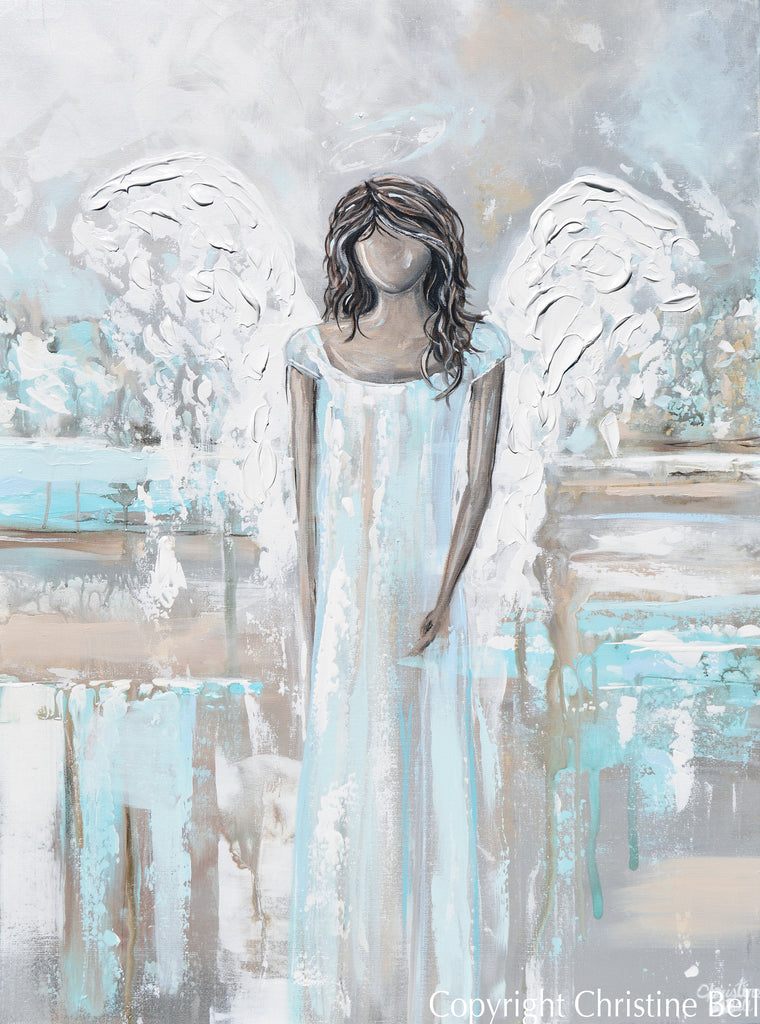 ORIGINAL Angel Painting Guardian Angel Light Blue White Home Wall Art