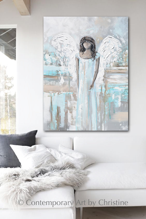 Load image into Gallery viewer, &amp;quot;Gracefully Guiding&amp;quot; ORIGINAL Abstract Angel Painting Guardian Angel Light Blue White 30x40&amp;quot;
