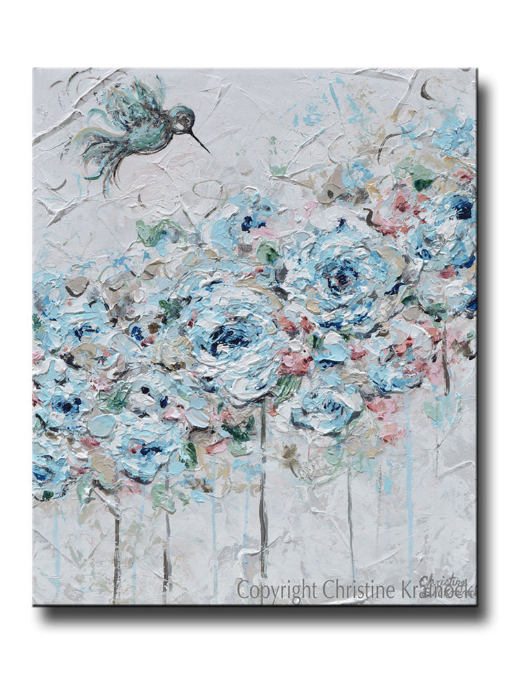 Original Art Abstract Hummingbird Painting Blue Green Flowers Decor Contemporary Art By Christine