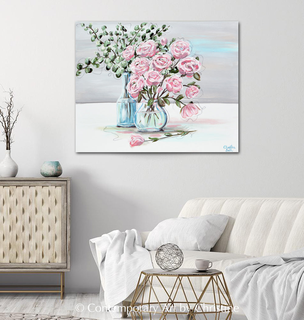 ORIGINAL Art Abstract Floral Painting Pink Roses Flowers Bouquet Decor ...