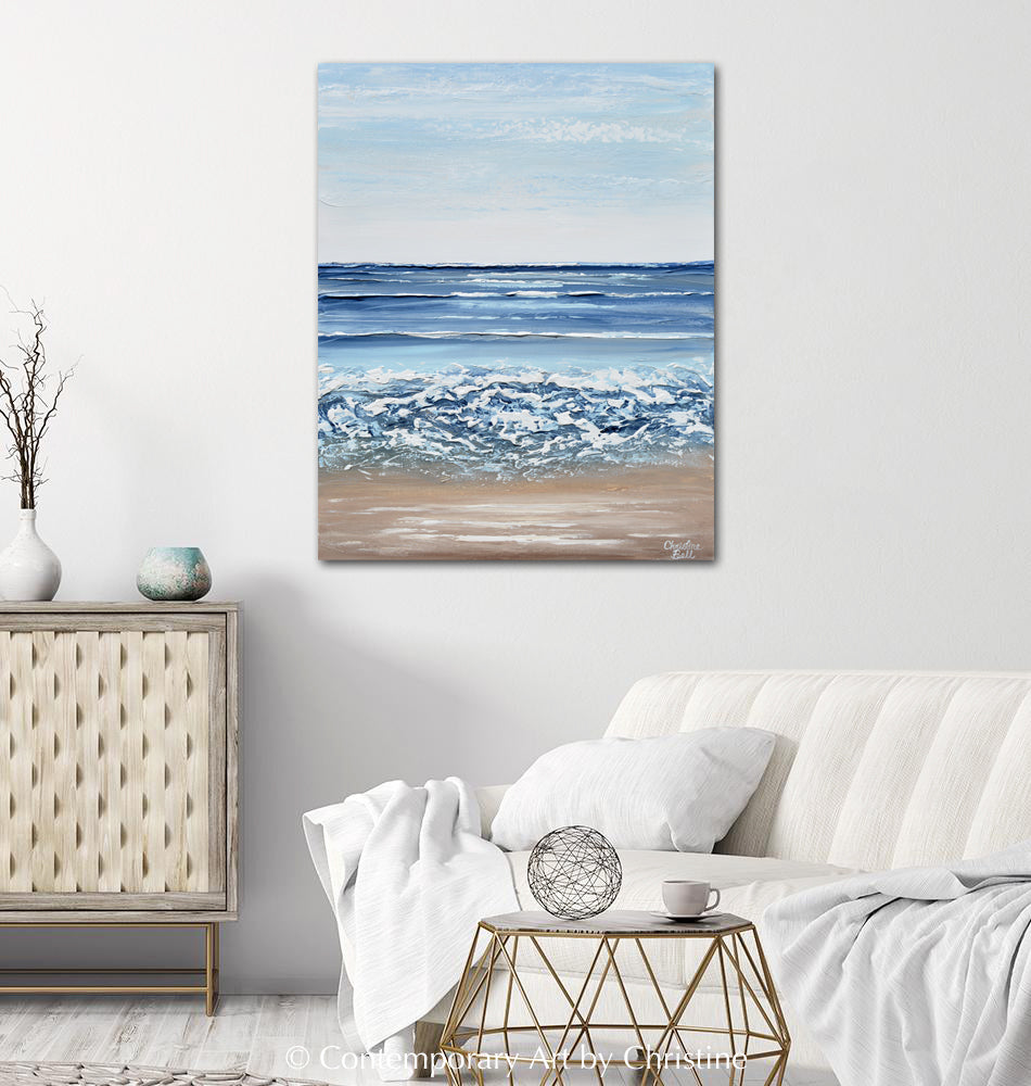 ORIGINAL Abstract Beach Painting Textured Coastal Blue Ocean Art Decor ...