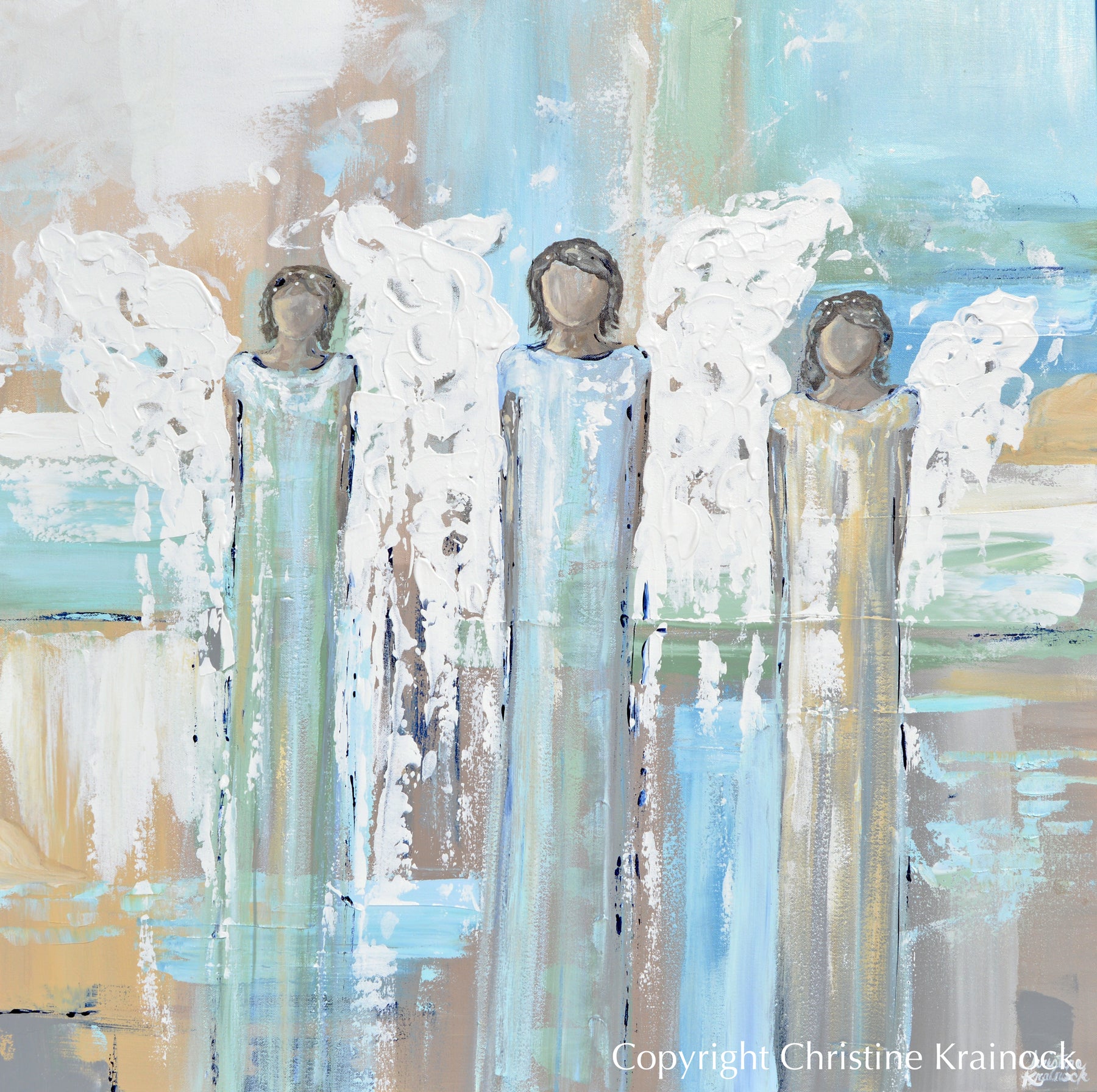 Original Abstract Angel Painting 3 Angels Blue Grey Canvas Wall Decor Contemporary Art By Christine