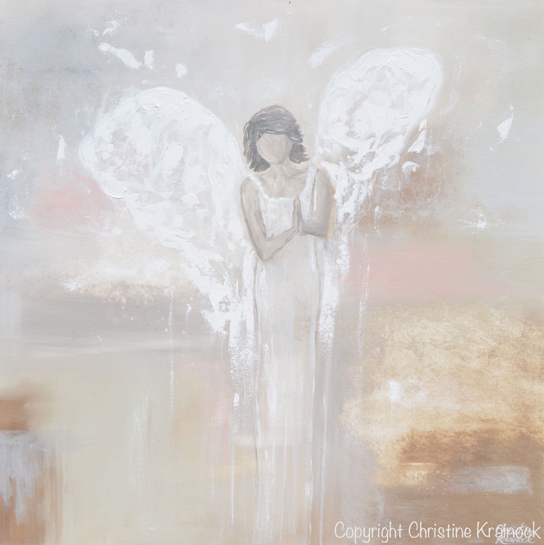 ORIGINAL Abstract Angel Painting Praying Guardian Angel White Grey ...