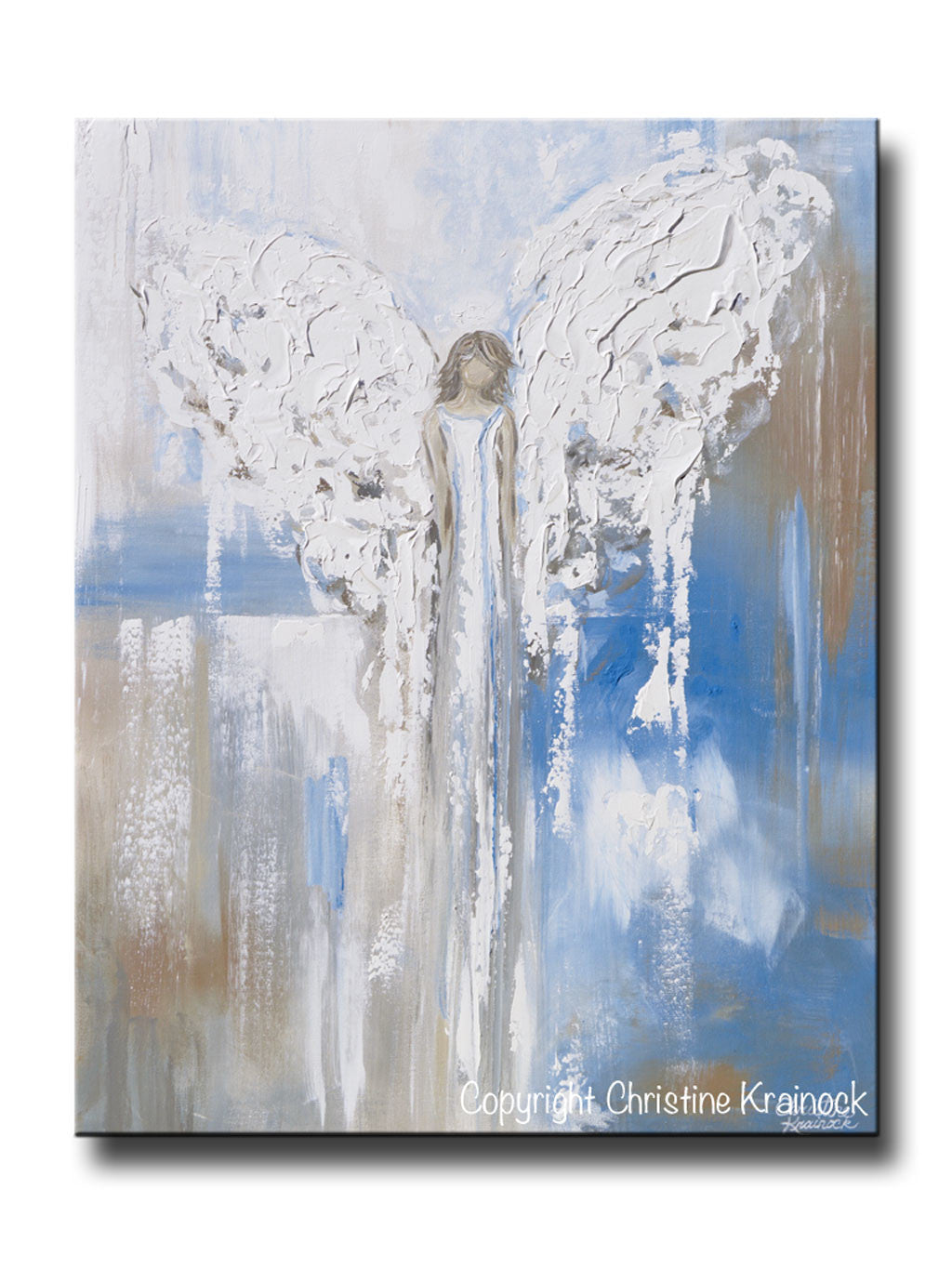 Abstract Angel Painting Canvas Print Textured Guardian Angel Blue White Contemporary Art By Christine