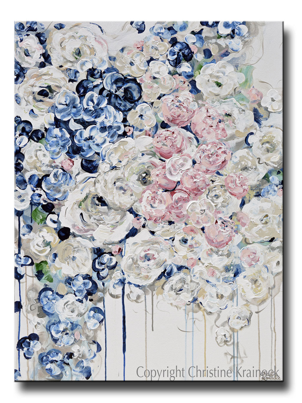 Original Art Abstract Painting Floral Navy Blue White Pink Flowers Contemporary Art By Christine