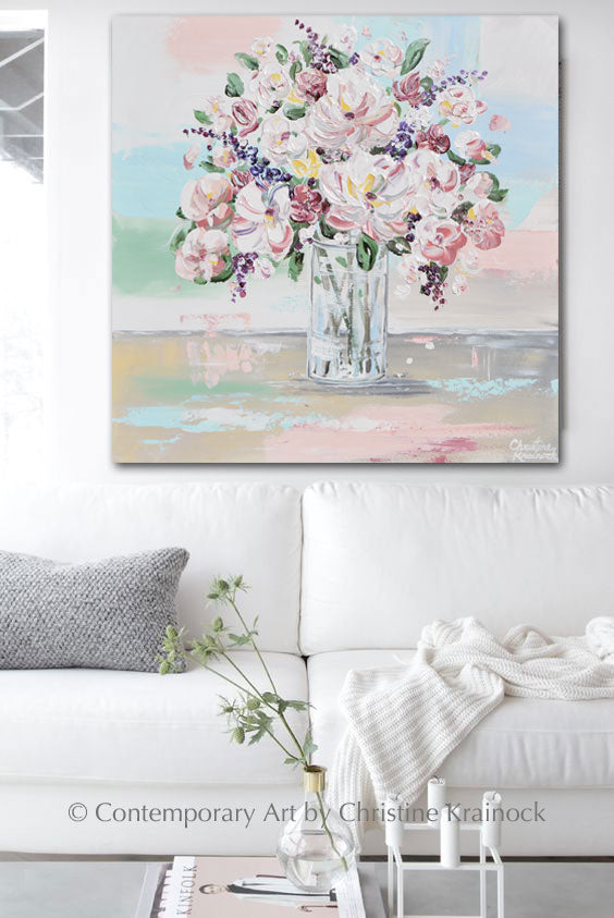 Original Art Abstract Floral Painting Textured Pink Flowers Bouquet Contemporary Art By Christine
