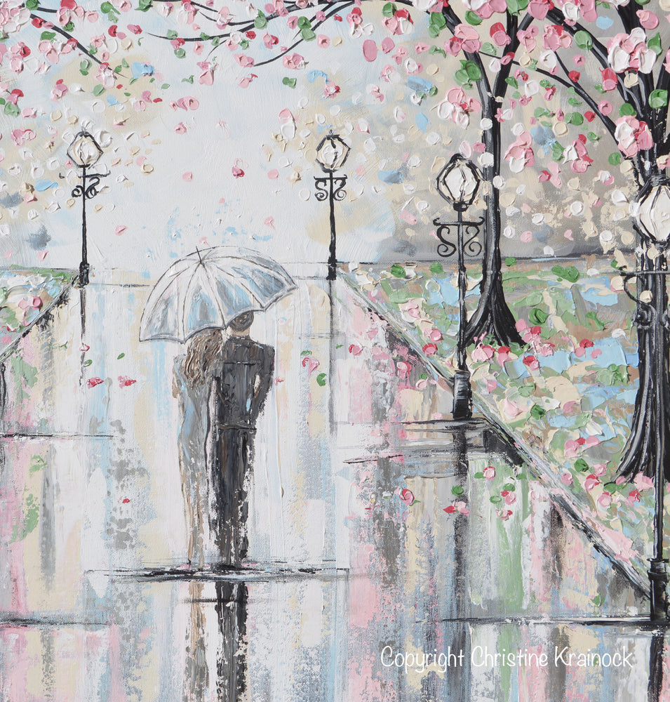 ORIGINAL Art Abstract Painting Couple Umbrella Rain Pink Cherry Trees