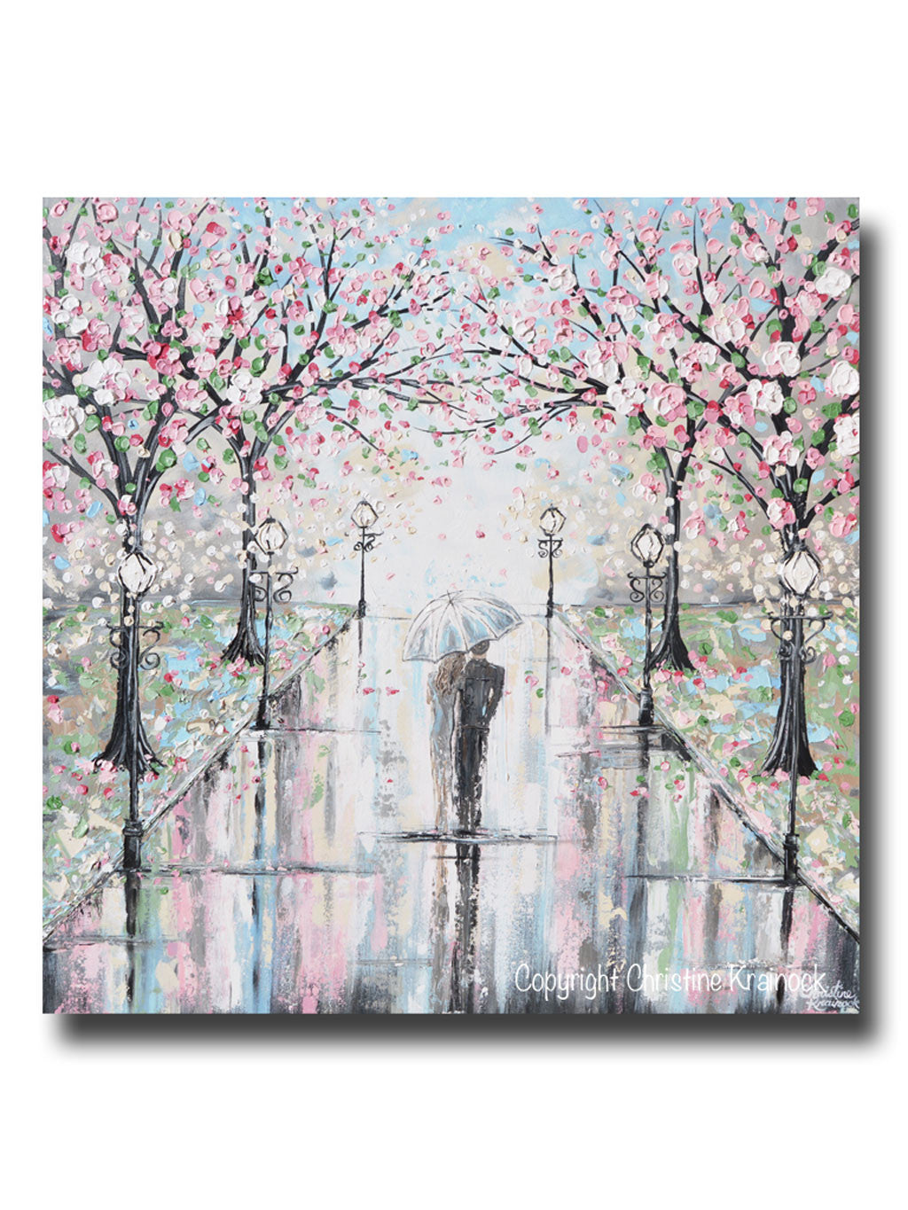ORIGINAL Art Abstract Painting Couple Umbrella Rain Pink Cherry