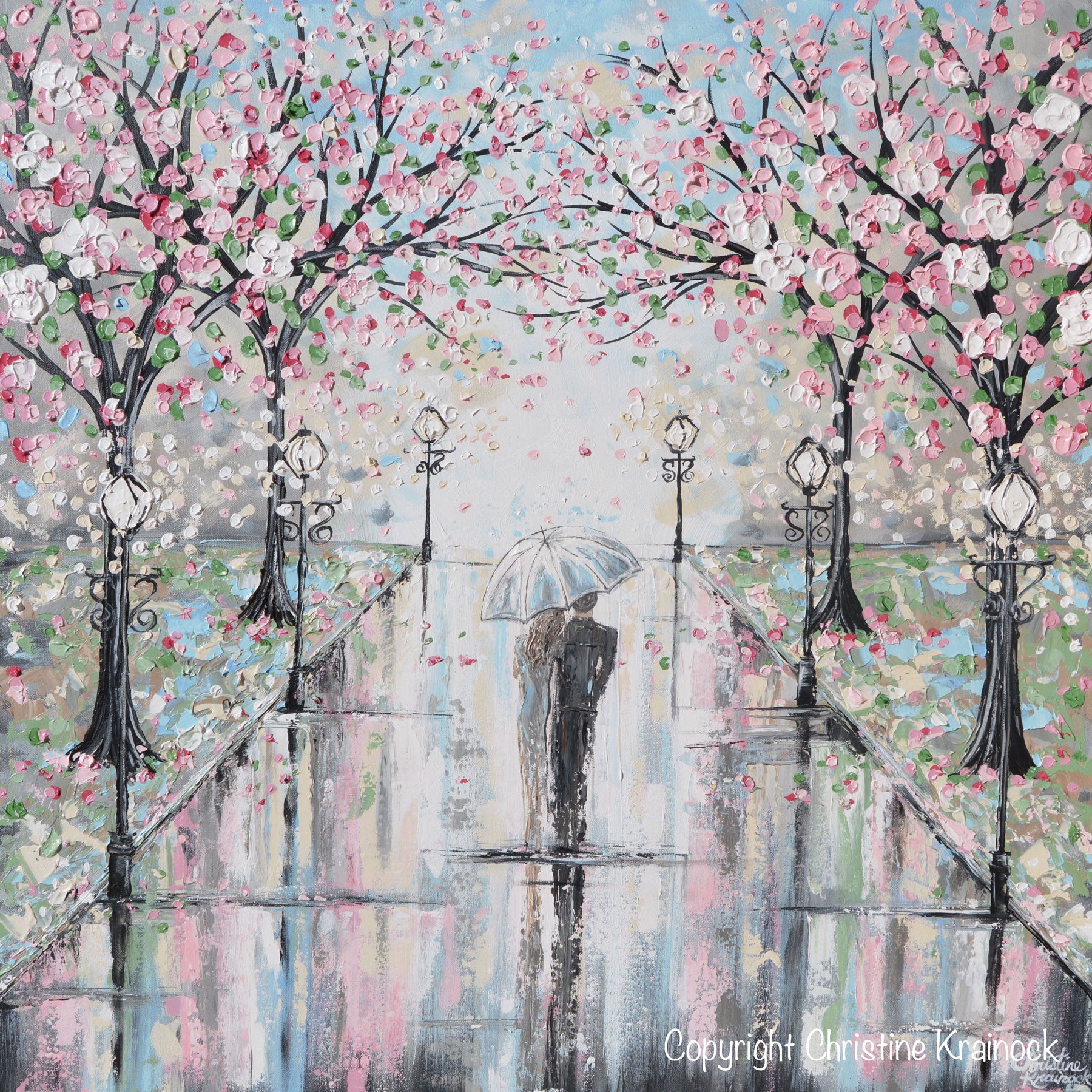 Giclee Print Art Painting Couple Umbrella Rain Pink Cherry Trees