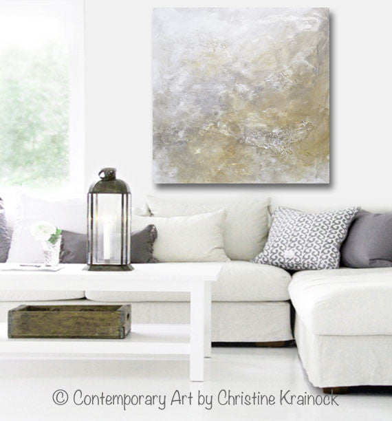 Original Art Abstract Painting Neutral X Large White Grey Taupe Beige Modern Textured Coastal Wall Art Decor 48x48