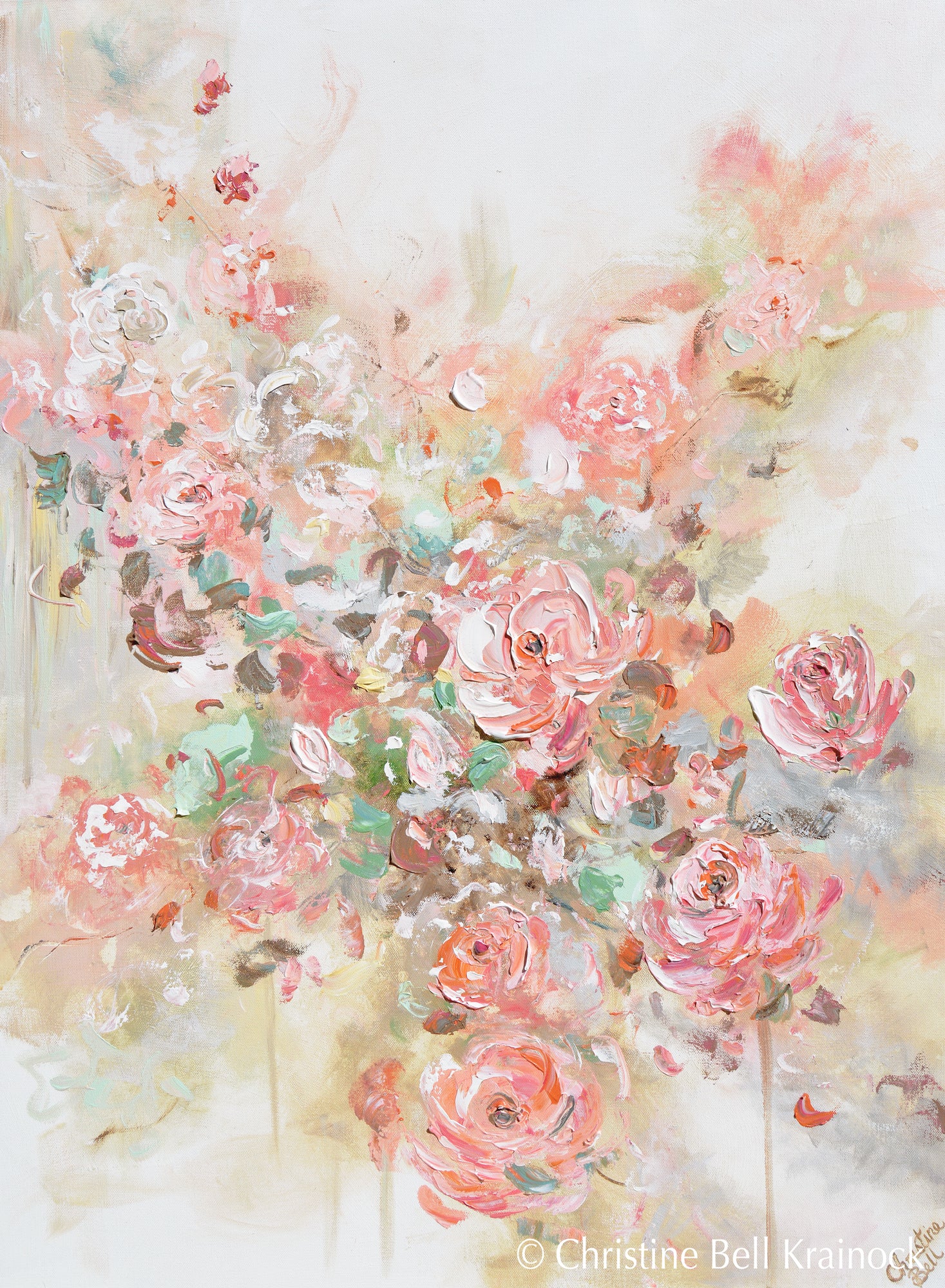 ORIGINAL Art Abstract Floral Painting Textured Pink Flowers Coral Peach  Roses Wall Decor 12x12