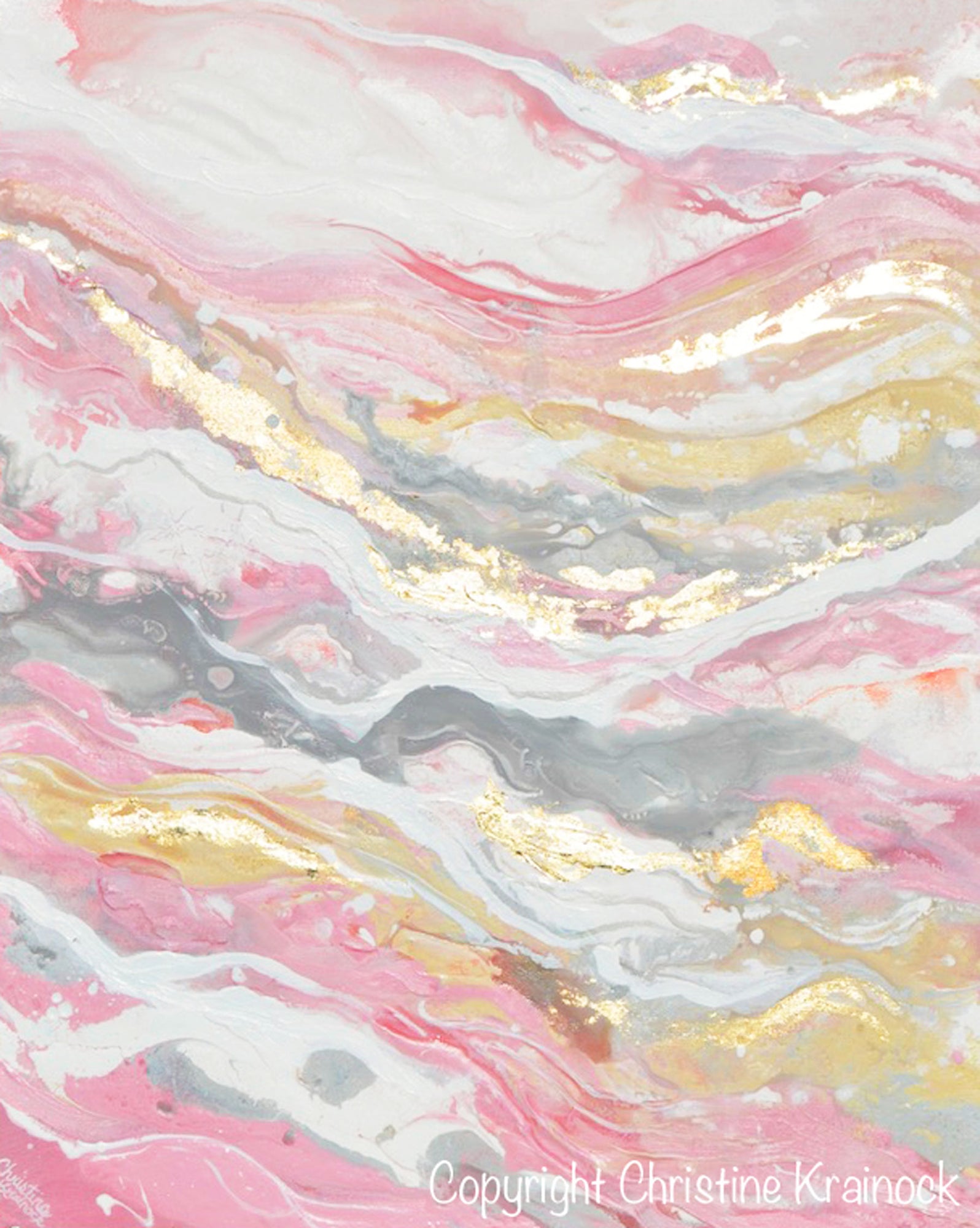 Original Art Abstract Painting Pink White Grey Beige Gold Leaf Marbled Contemporary Art By Christine