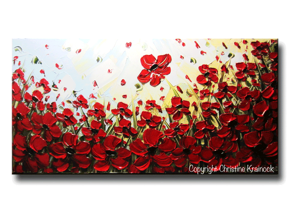 ORIGINAL Art Abstract Painting Red Poppies Autumn Flowers Large Textur