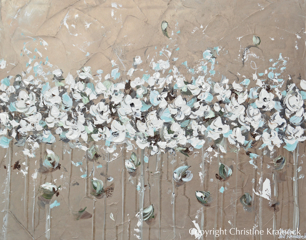 ORIGINAL Art Abstract Painting Textured White Flowers Home Wall Decor