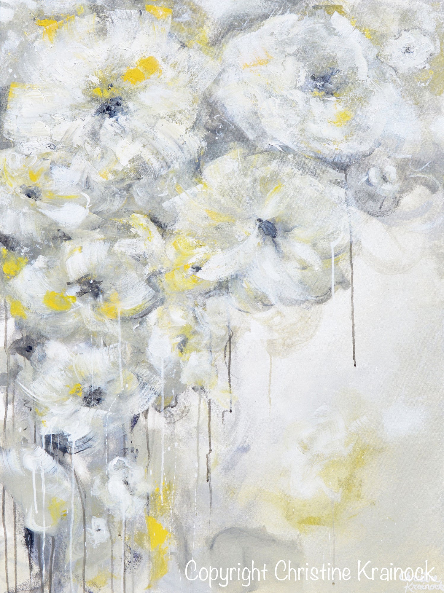 Original Art Yellow Grey Abstract Painting White Flowers Coastal Decor Contemporary Art By Christine