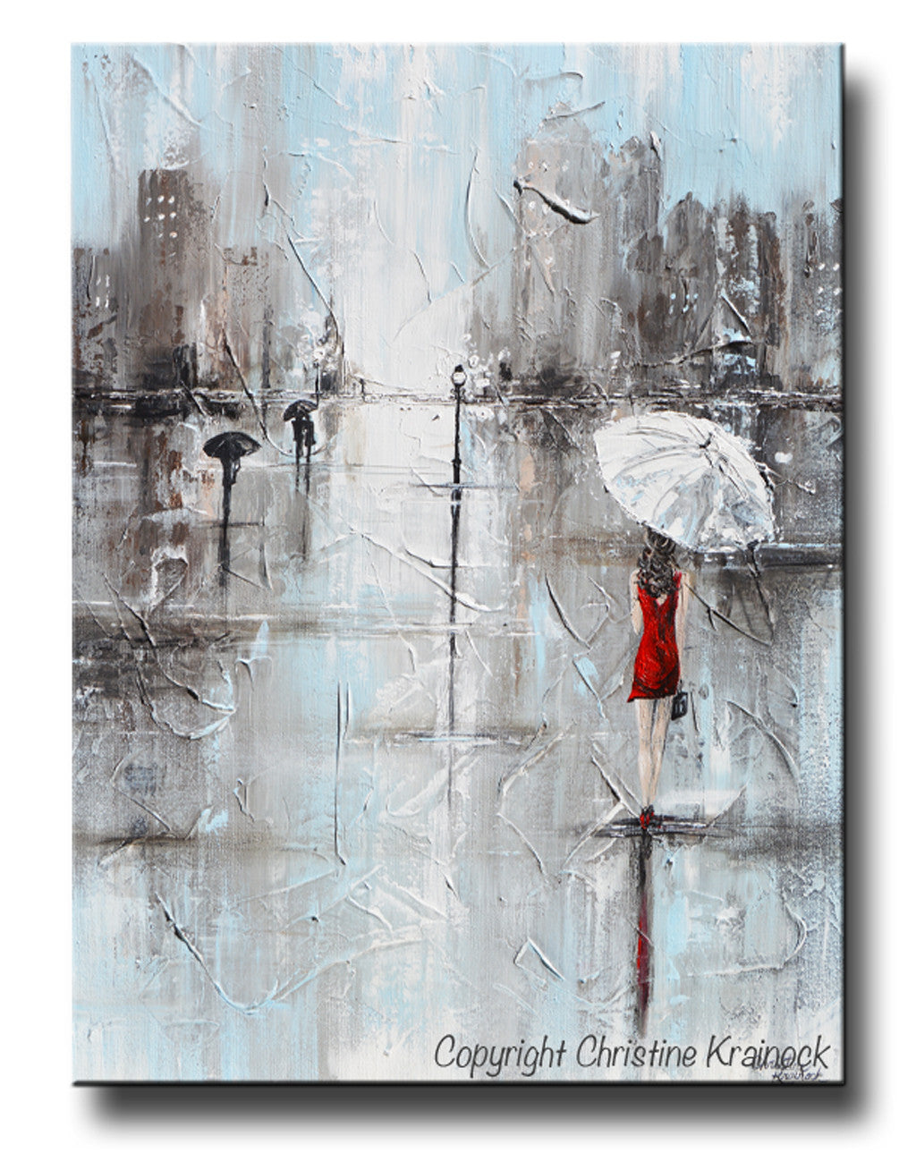 Giclee Print Art Abstract Painting Girl White Umbrella Red Dress Grey Blue City Rain Canvas