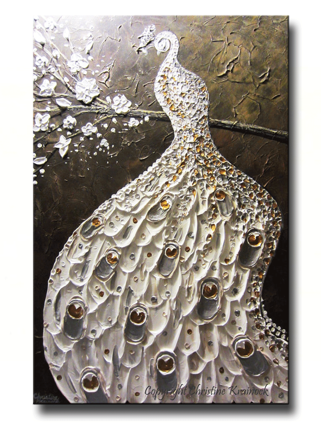 CUSTOM Abstract Peacock Painting White Silver Gold Textured Cherry Blo