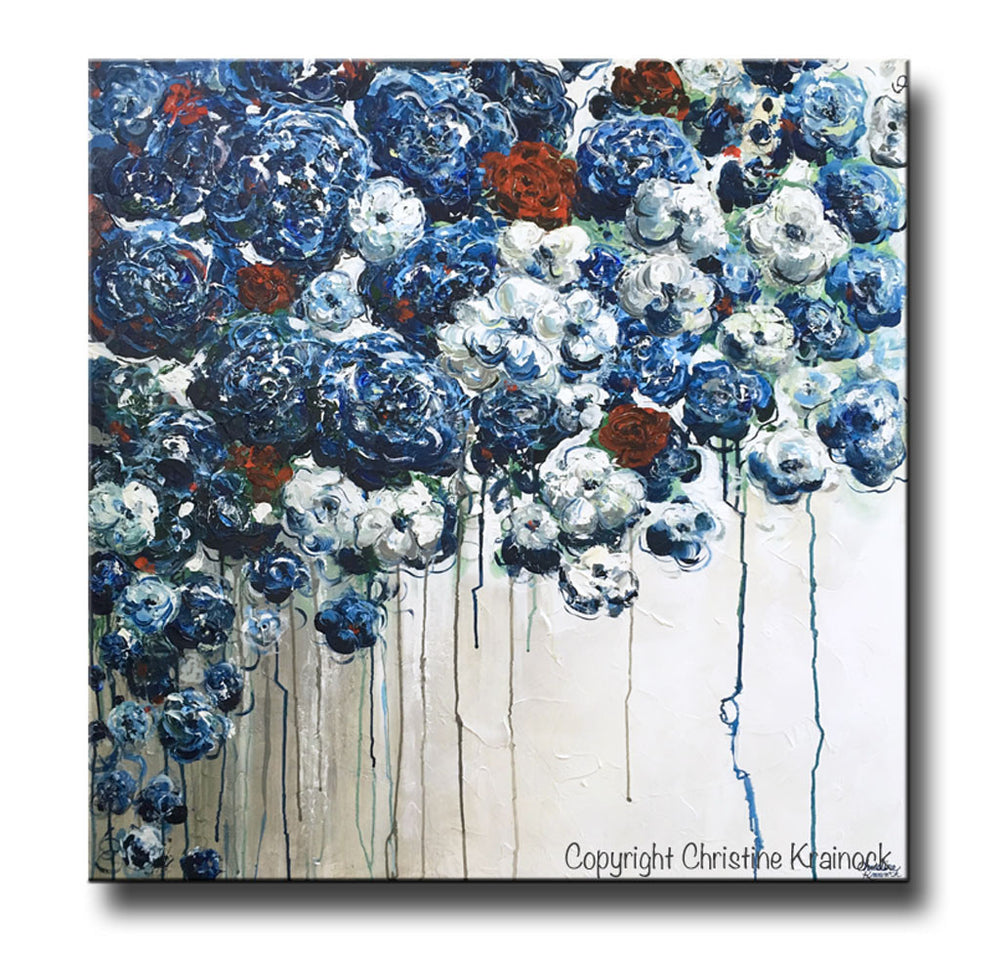 ORIGINAL Art Abstract Blue Flowers Painting Textured Red White Blue Na