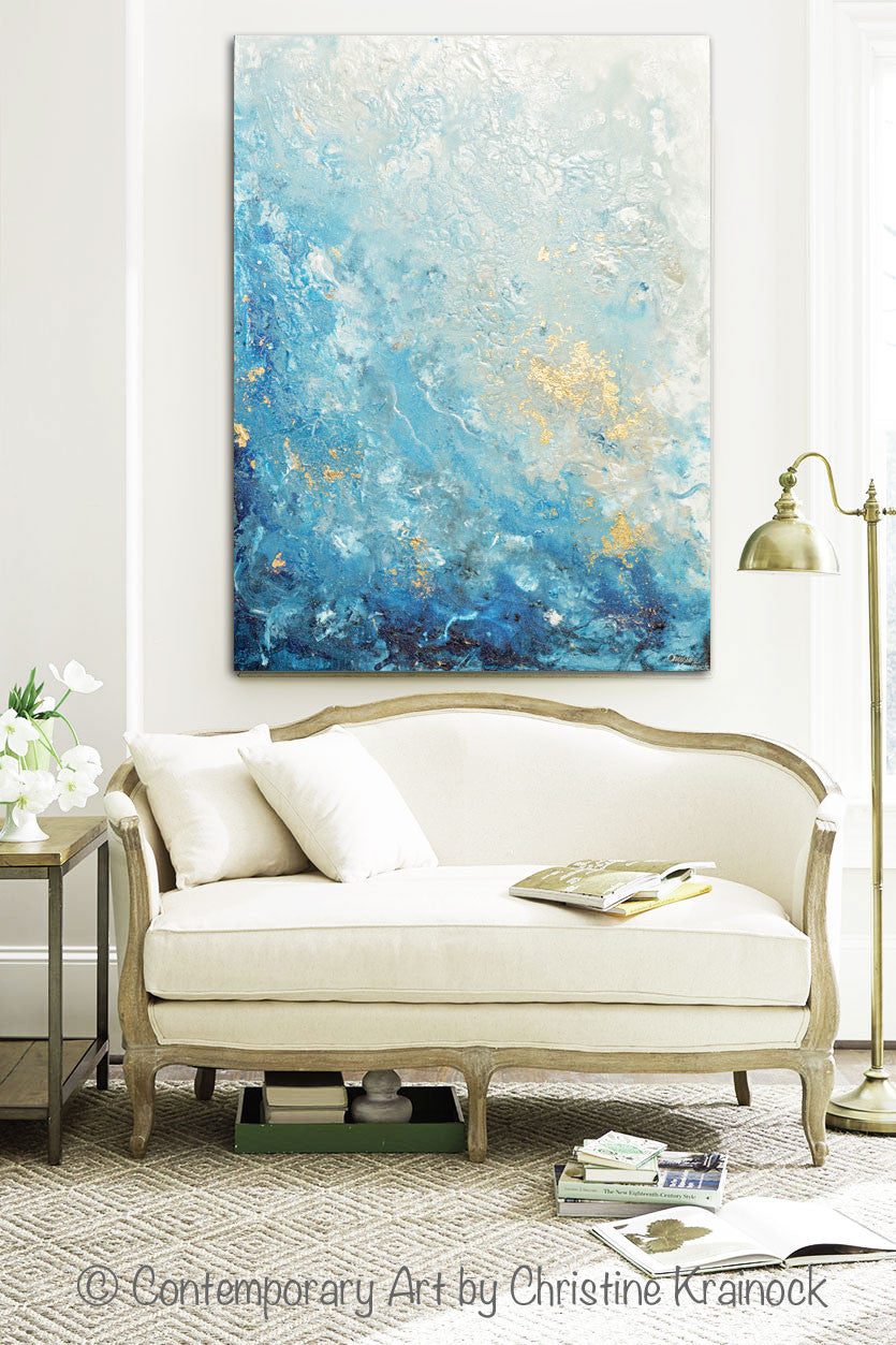 ORIGINAL Art Modern Blue Abstract Painting Navy White Grey Gold ...