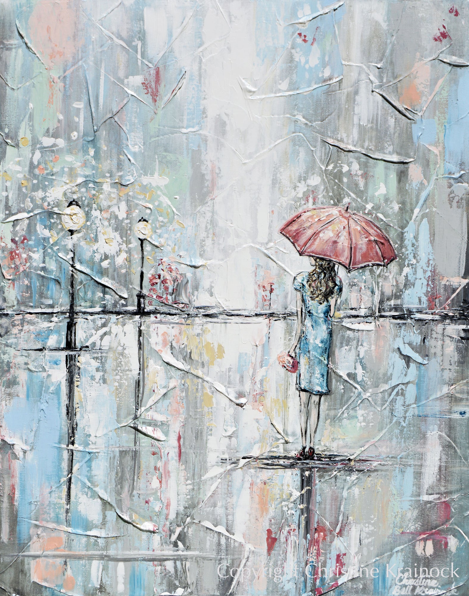 Giclee Print Art Abstract Painting Girl Umbrella Walking Rain Blue Grey White Pink Wall Art Home Decor