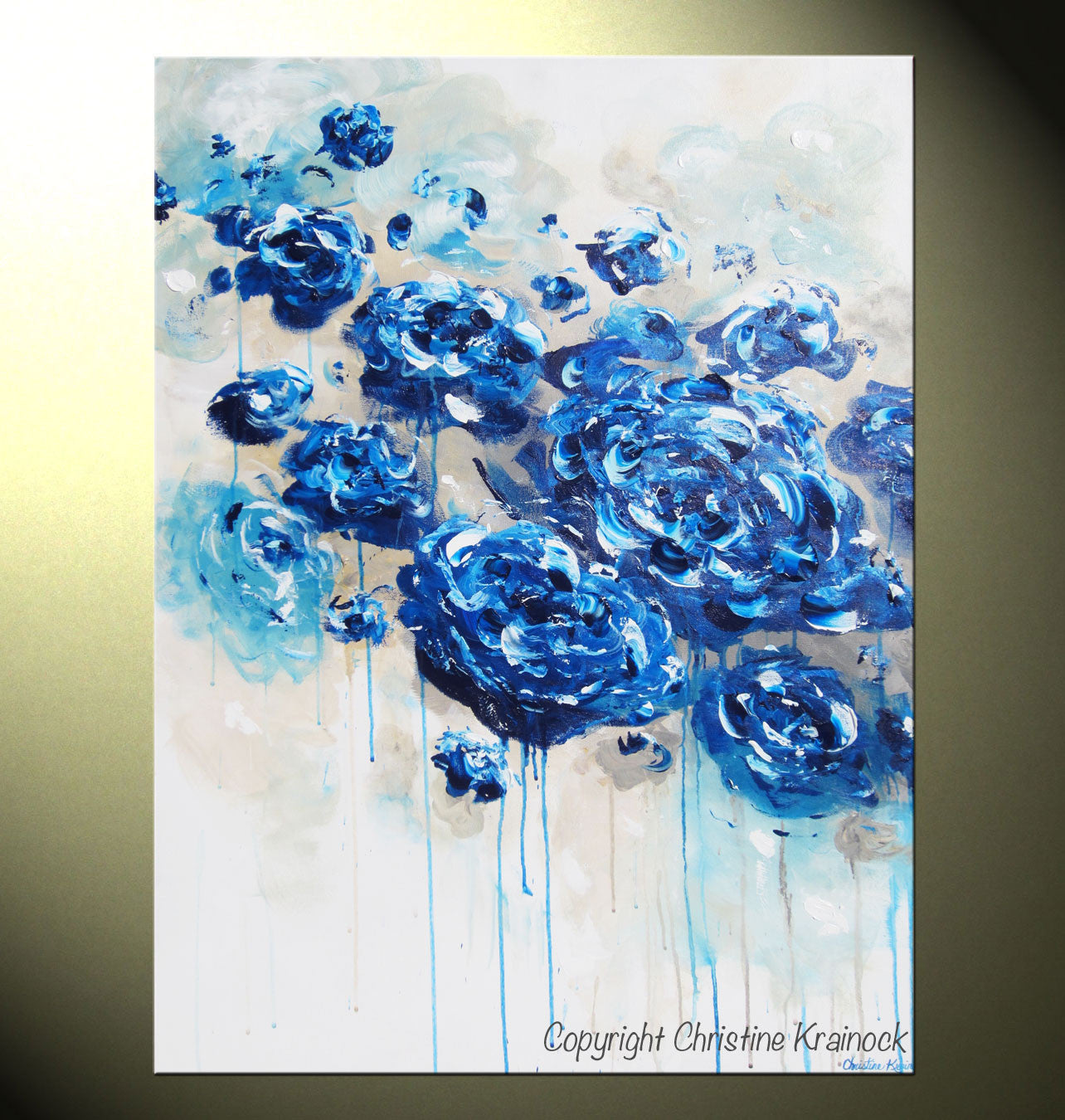 Canvas Print Large Art Blue Abstract Blue White Flowers Contemporary Art By Christine