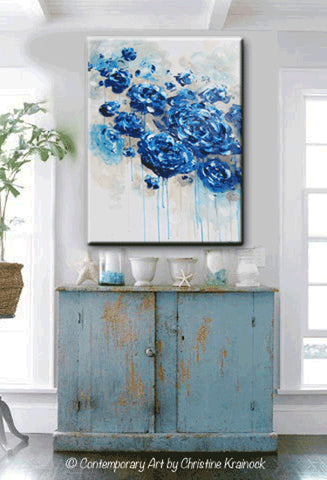 ORIGINAL Art  Abstract Navy  Blue  Floral Painting Flowers 